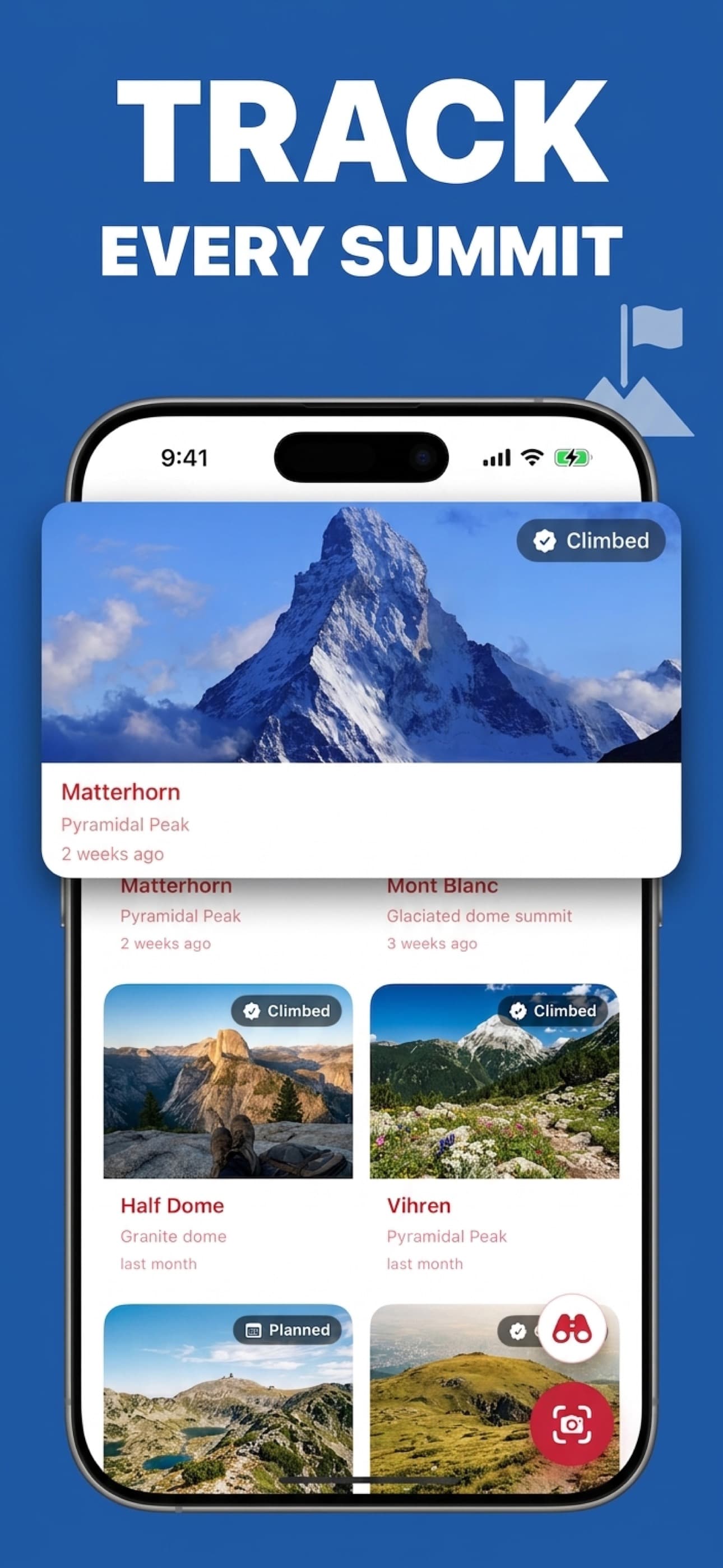 Track every summit with Climbed, Planned, and Wishlist statuses