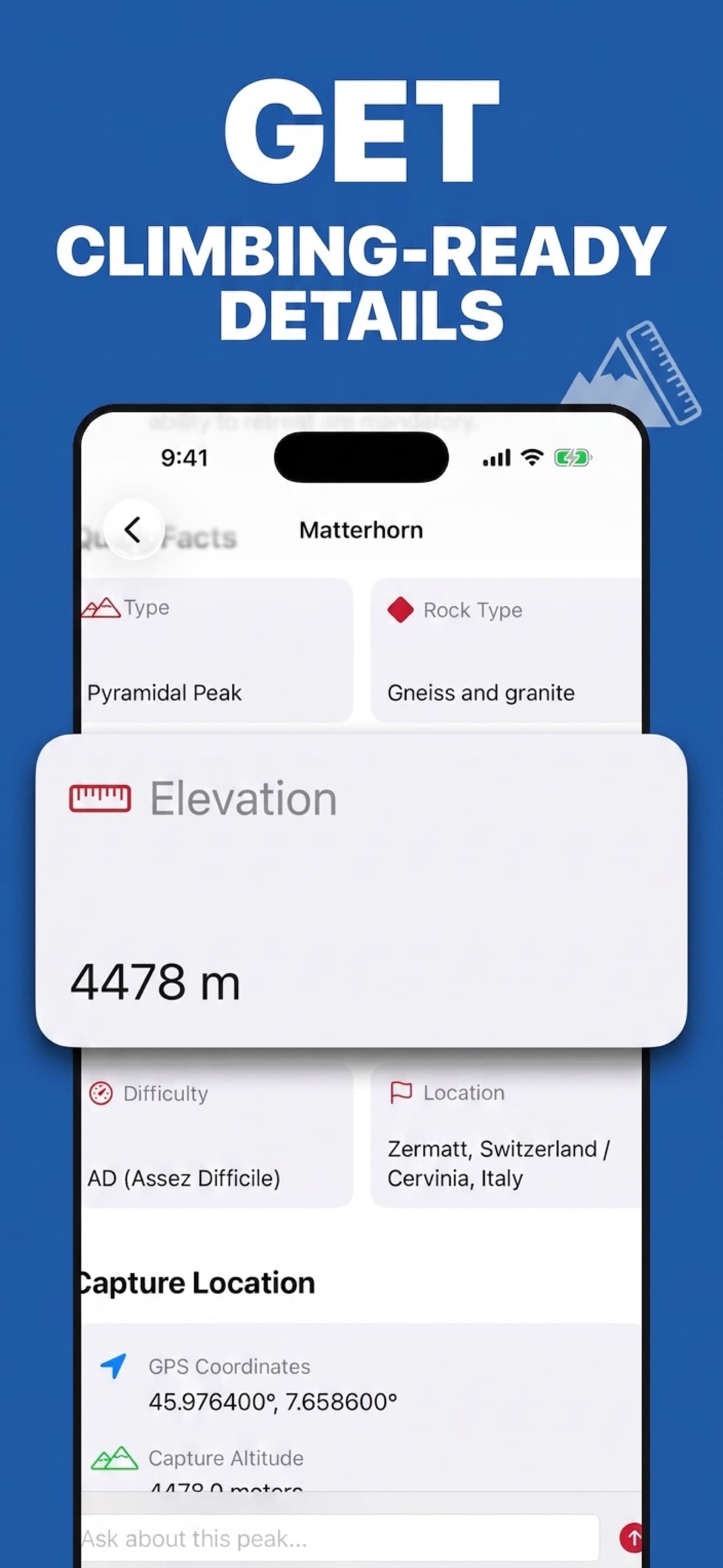 Detailed climbing-ready information for every identified peak